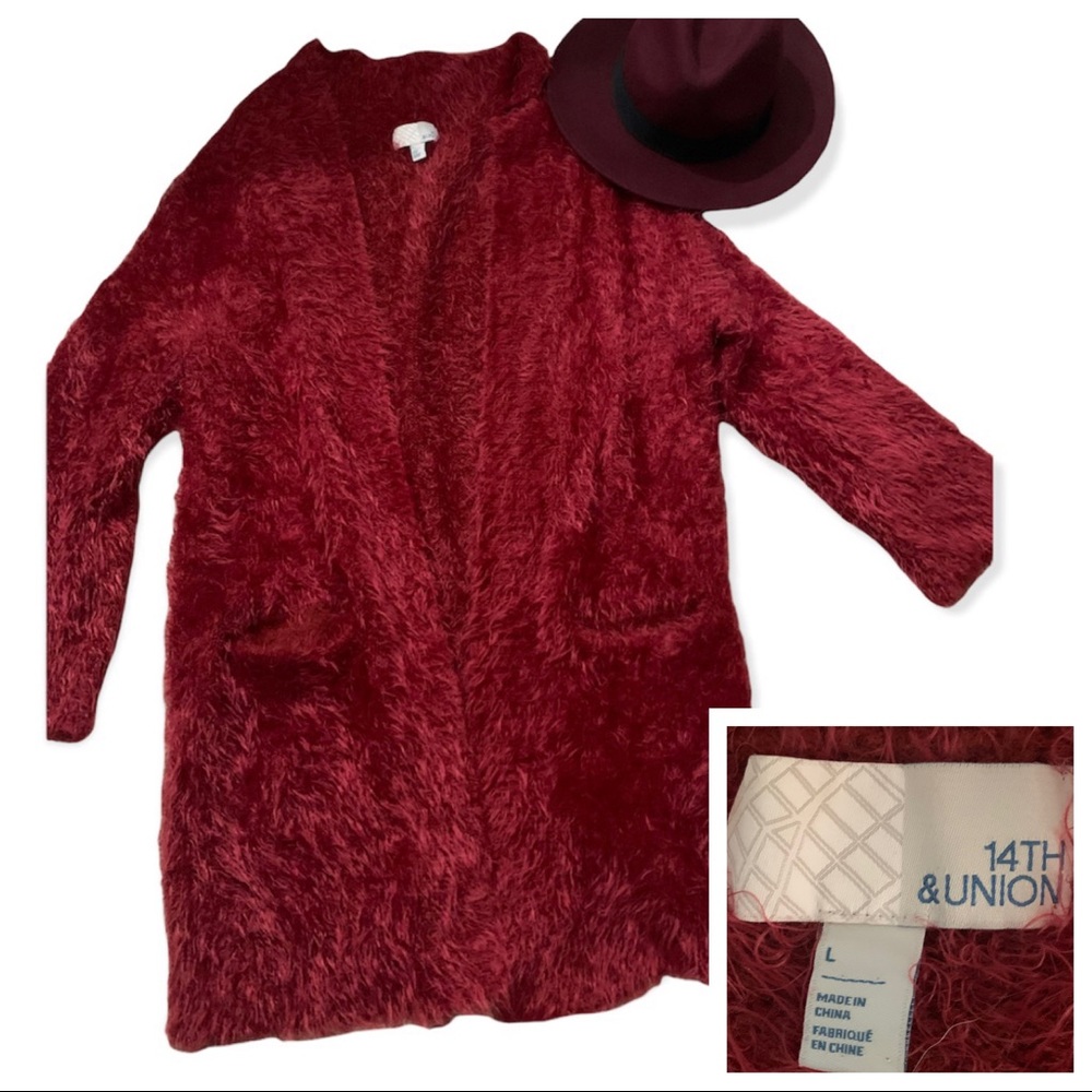 14th & Union Fuzzy Furry Open Cardigan Duster Sweater w/Pockets Red Merlot 🍷